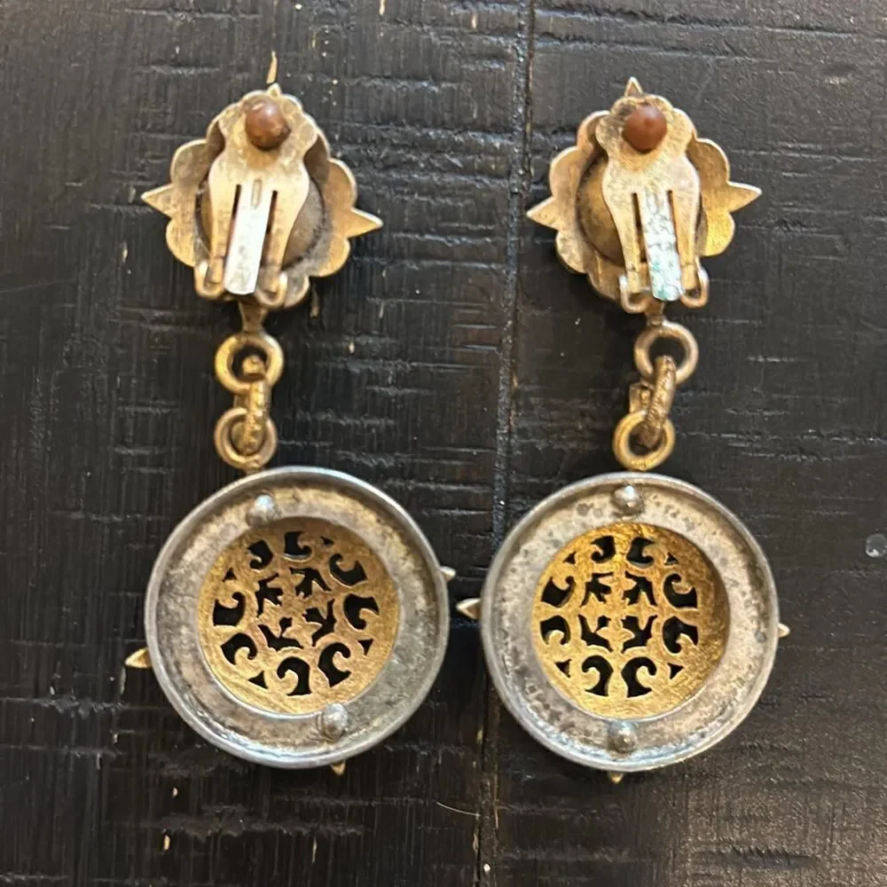 Vintage Victorian Stone Clip On Drop Dangle Earrings​​​